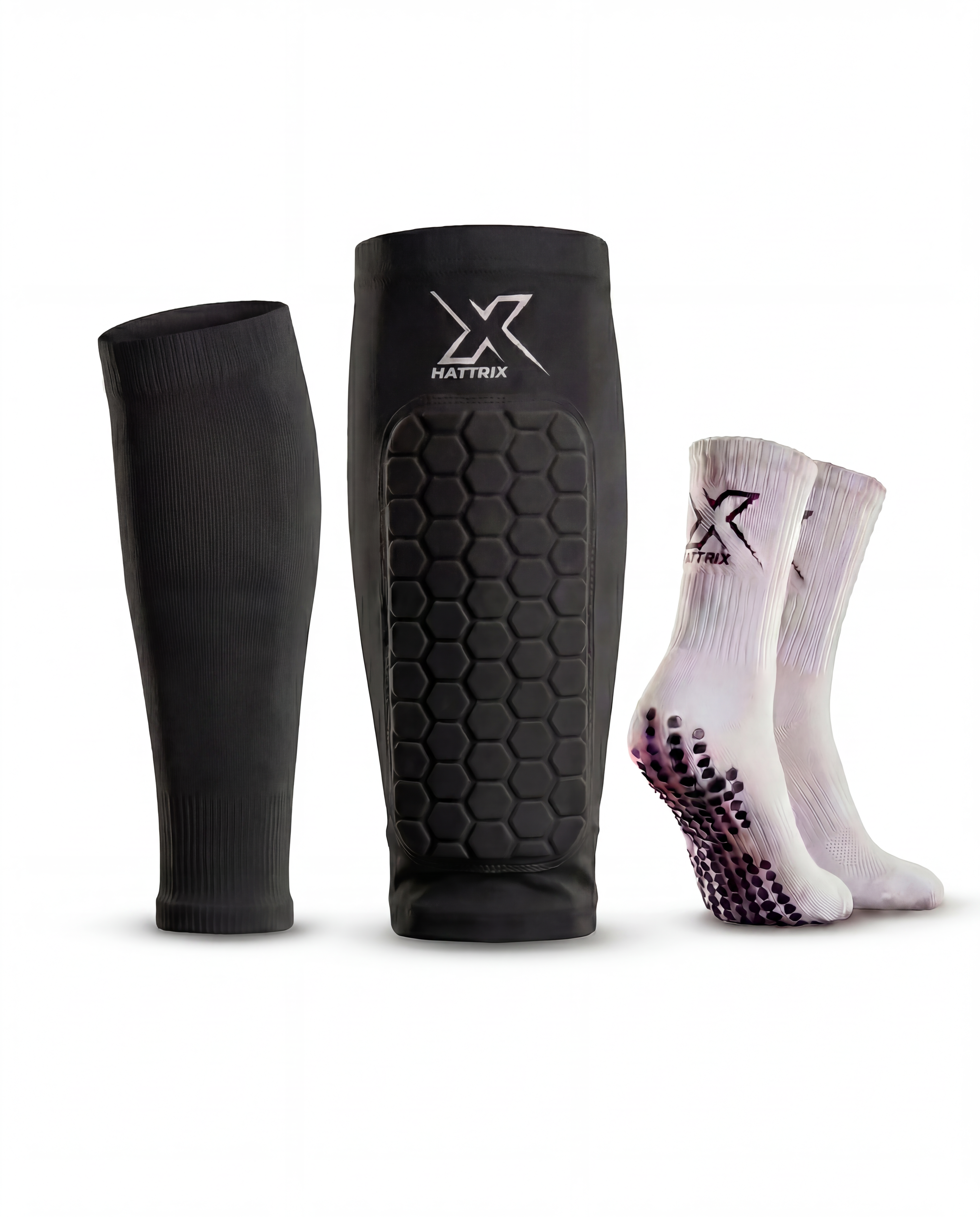 Football Shin Pads, Grip Socks & Sock Sleeves Bundle | Hattrix