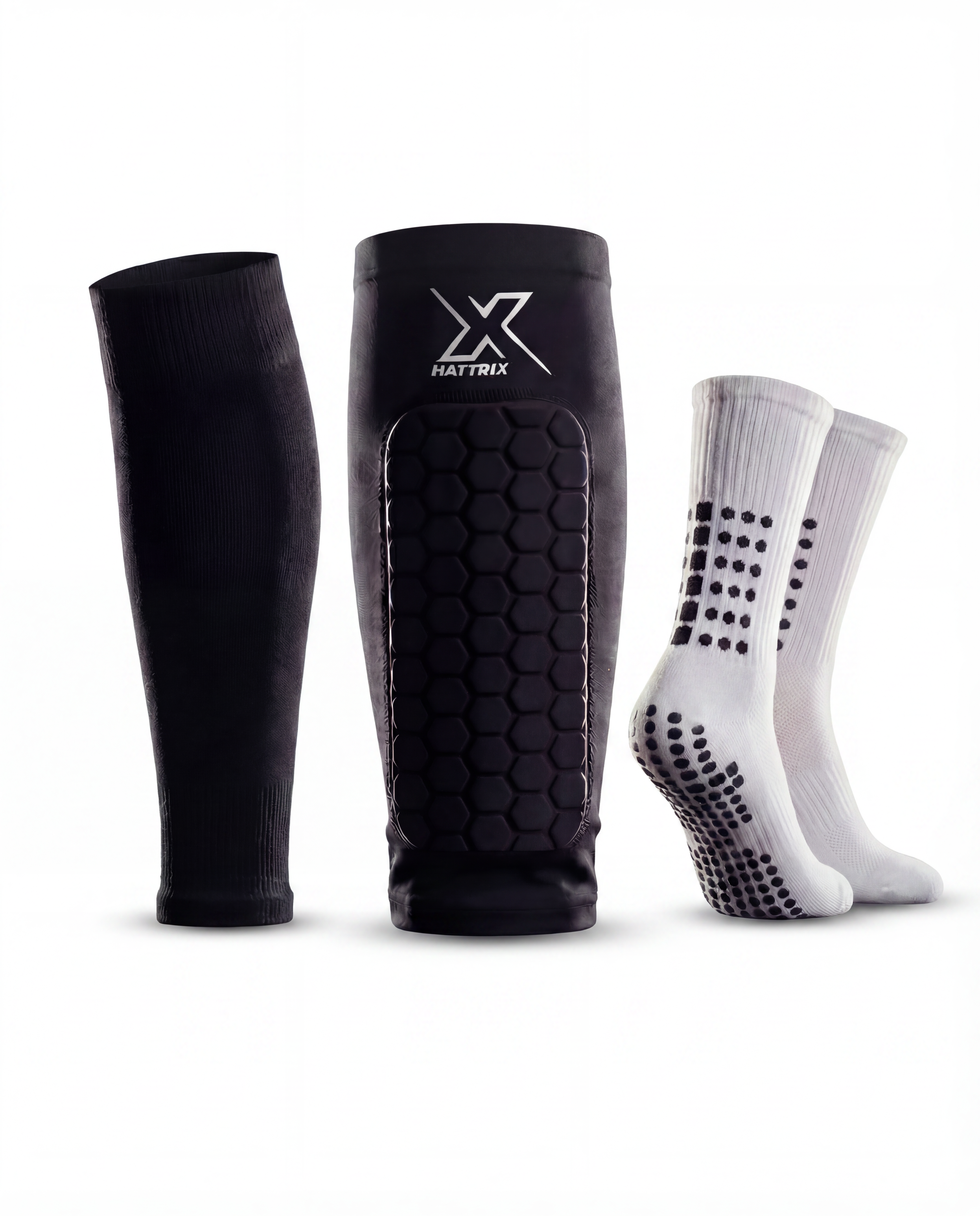 Football Shin Pads, Grip Socks & Sock Sleeves Bundle | Hattrix
