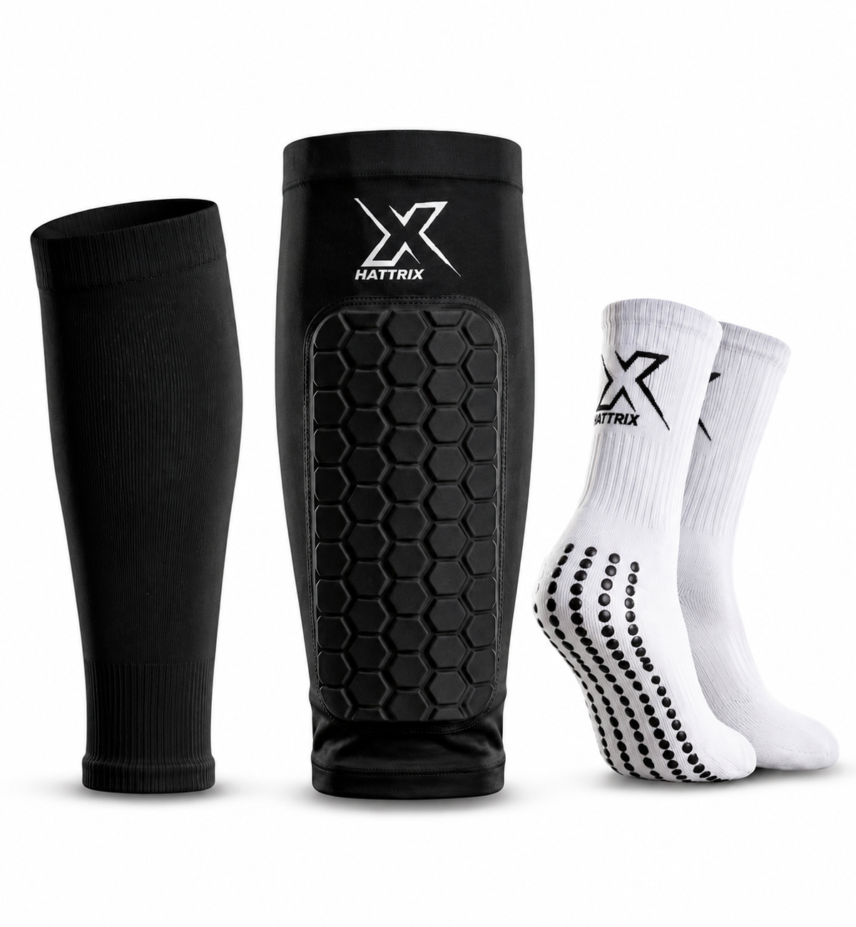 Football Shin Pads, Grip Socks & Sock Sleeves Bundle | Hattrix